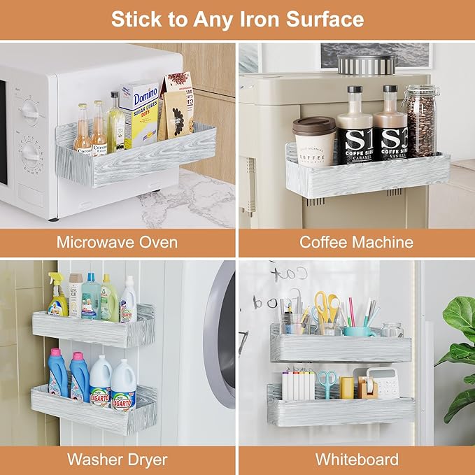 Magnetic Spice Rack for Refrigerator, Kitchen Organizer and Storage Shelf, Wood White(4 Pack)