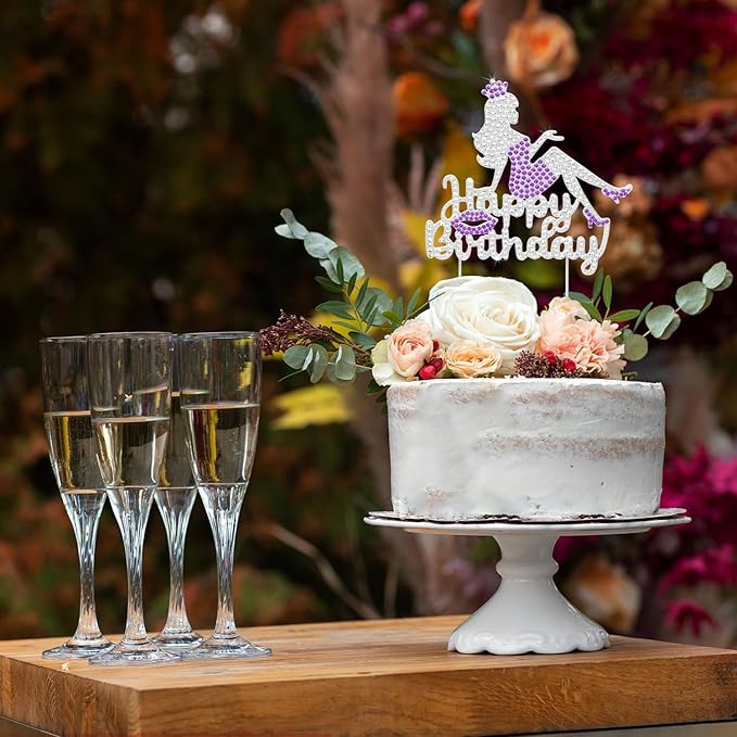 LINGTEER Happy Birthday Crown Queen Lady Rhinestone Cake Topper - Cheers to Makeup Spa Birthday Party Cake Centerpieces Decorations Gift Sign - Purple