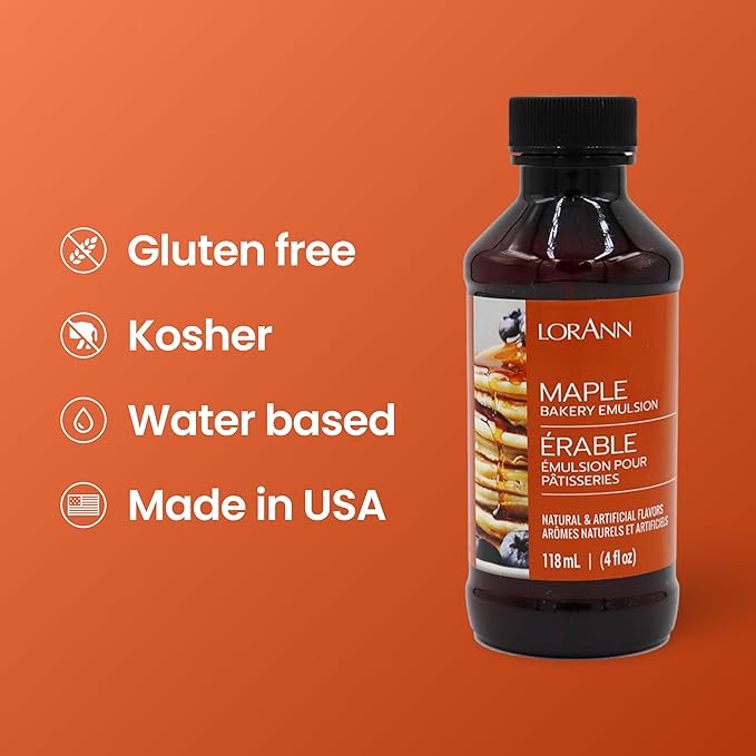 LorAnn Oils Maple Bakery Emulsion: True Essence, Ideal for Boosting Fruit Tones in Cakes, Cookies & Desserts, Gluten-Free, Keto-Friendly, Extract Substitute Essential for Your Kitchen, 4 Oz