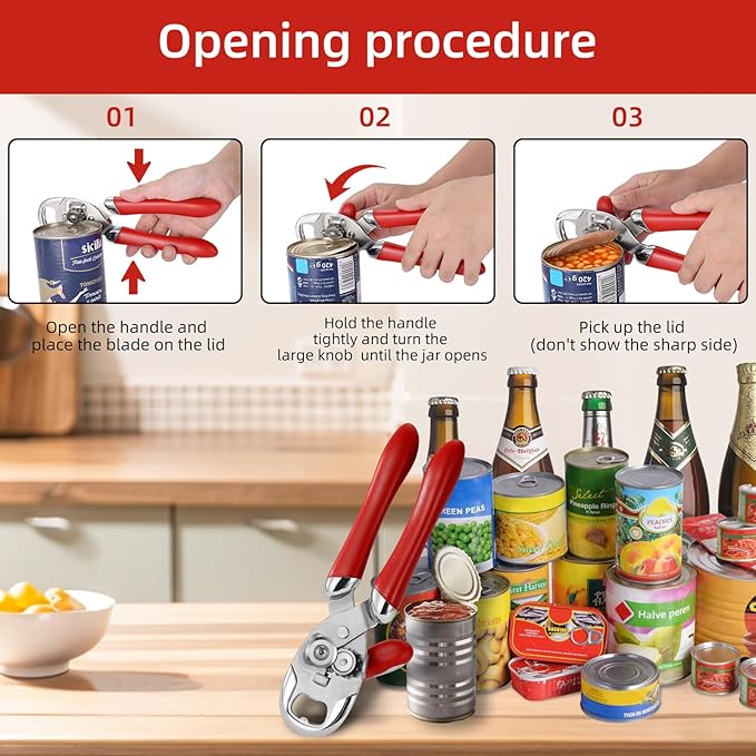 Multi-function Manual Can Opener Bottle Opener, Oversized Hand-held Easy Rotary Knob, Safe Cut Can Opener with Non-Slip Handle, Smoother Cut Sharp Blade for Seniors Kitchen Tool, Red