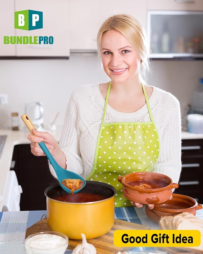 Silicone Soup Ladle and Spaghetti Spoon Set with Wooden Handle, Non Stick Heat Resistant Kitchen Utensils for Cooking, Stirring, Serving Pasta, Soup & Sauce(BLUE)