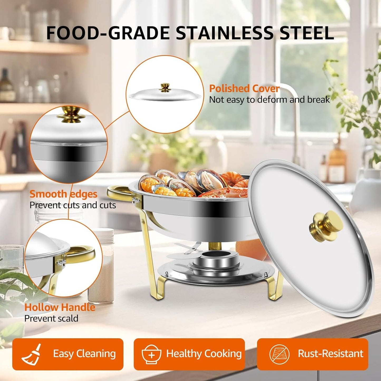 Gold & Silver Chafing Dishes for Buffet with Lid 5QT, 6 Pack - Food-Grade Stainless Steel Chafers and Buffet Warmers Sets with Lid Holder, Rolled Edge Design, for Party, Banquet