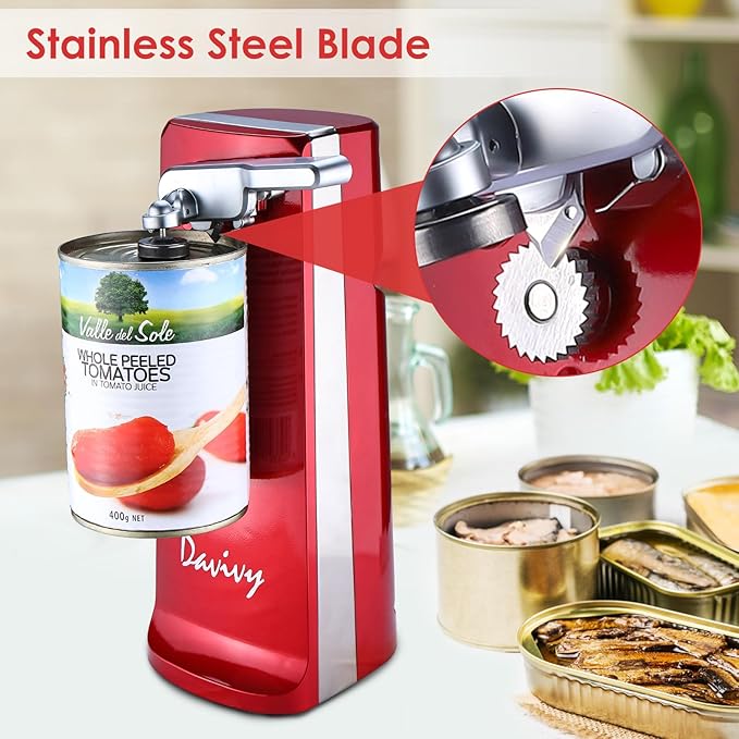 Davivy Electric Can Opener for One Touch Lid Opening,Removable Stainless Steel Cutter and 3- in-1 Design with Knife Sharpener and Bottle Opener, Red