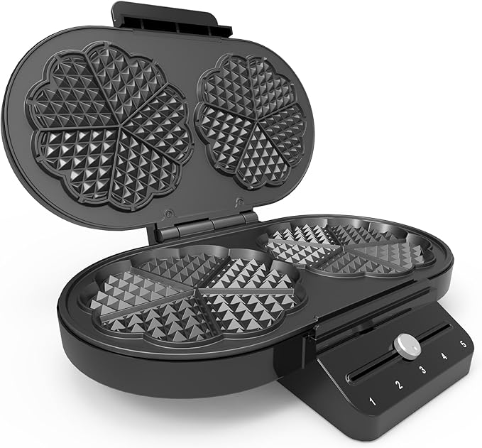 Electric Waffle Maker Heart-Shaped: 2 Non-Stick double-Side Heating Plates with 5-Setting Adjustable Browning Control for Fast Heating - No Flip Design & Compact Storage for Busy Families