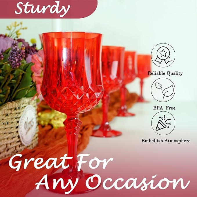 Plastic Wine Glasses,Plastic Goblets Vintage Style Cordial Drinking Glasses for Wedding Reception, Grand Event Party Supplies (12, Red)