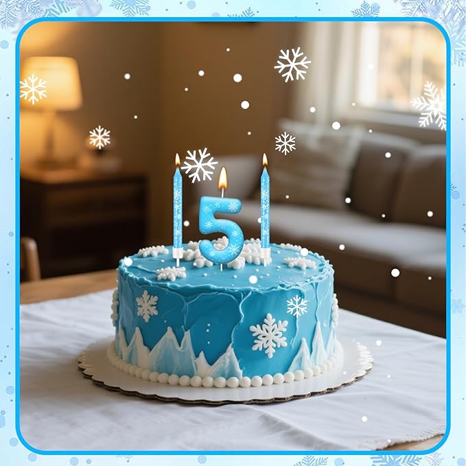 13PCS White and Blue Frozen Themed Party Birthday Candles Set - Blue Number Candles Snowflake Themed Decorations, Girls Party Supplies(Number 5)