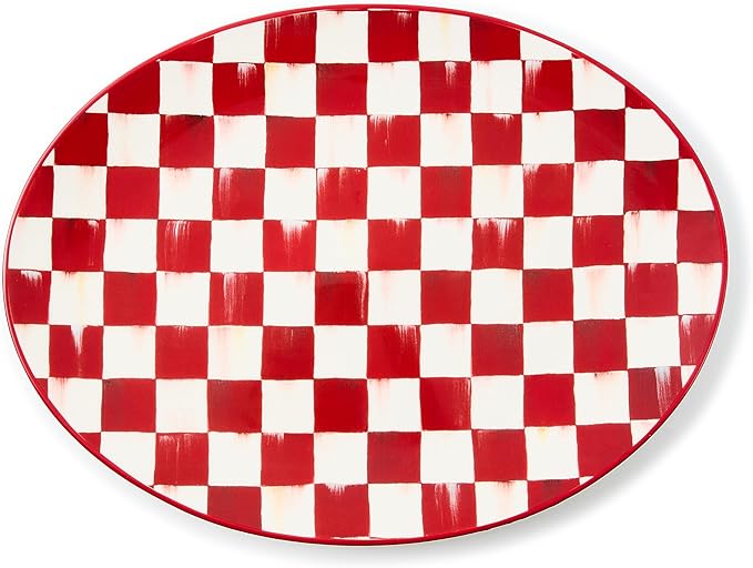 MACKENZIE-CHILDS Stoneware Serving Platter, Decorative Dinnerware Plate, 15" W x 12" L, Red-and-White Cherry Check