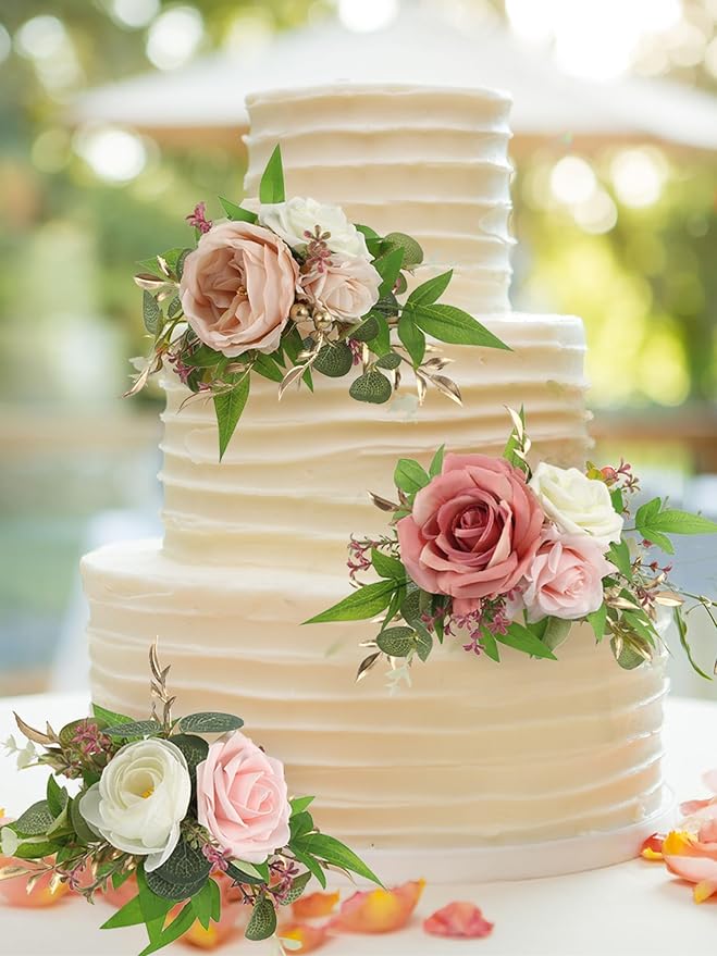 Rinlong 3Pcs Pre-made Pink Cake Topper Flowers Cake Decorations Wedding Cake Decorating Flowers Decor for Baptism Girl Baby Shower Birthday Party