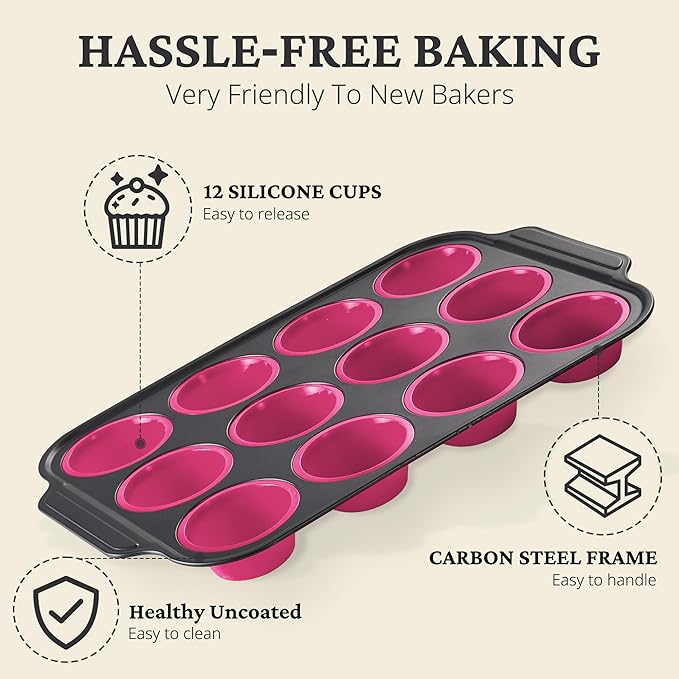 BRONYPRO Silicone Muffin Pans for Baking with Metal Frame, Egg Bite Molds, Cupcake Pans 12 Regular Size, Muffin Tins Easy to Pop Nonstick Non Toxic Bakeware for Oven,Rose Pink