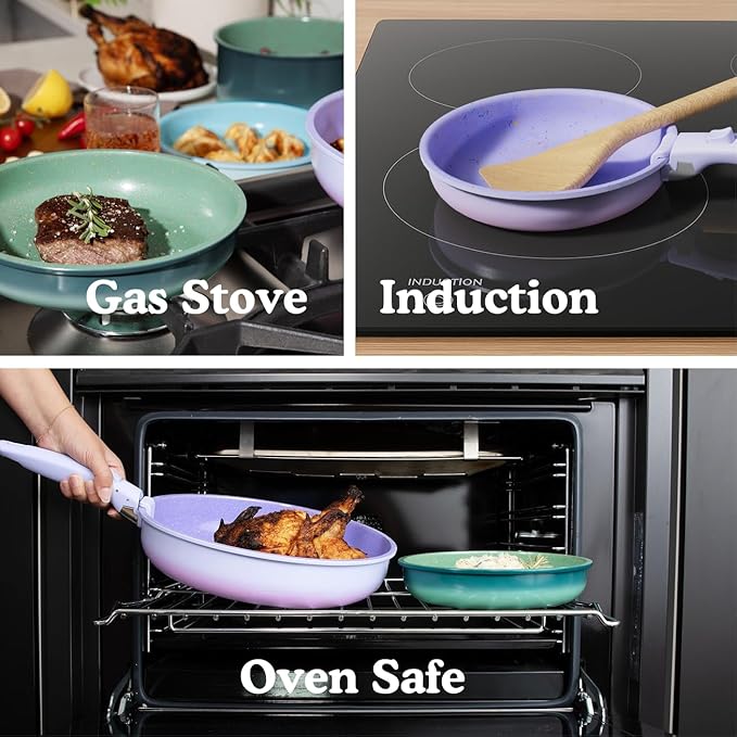 BytheTable Ombré Ceramic Titanium Non-Toxic, Nonstick Cookware Set 8-Piece Modular System with Removable Handle and Magnetic Lid, Magnetic Spatula, Eco-Friendly, Oven & Dishwasher Safe (Lavender)