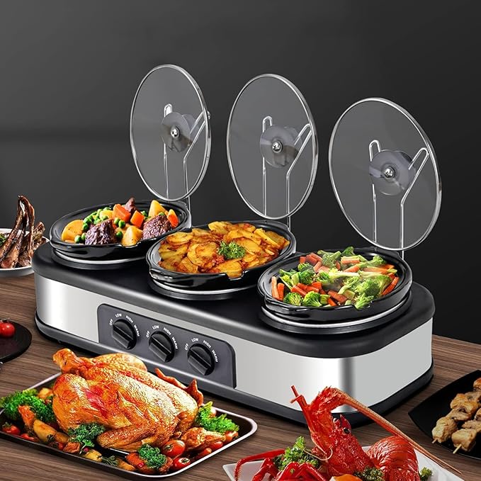 Triple Slow Cooker Buffet Server Food Warmer with 3 Adjustable Temperature Modes, Slow Cooker with 1.5 QT Ceramic Pot, Removeable Glass Lid and 3 PVC Spoons, Dishwasher Safe, Stainless Steel