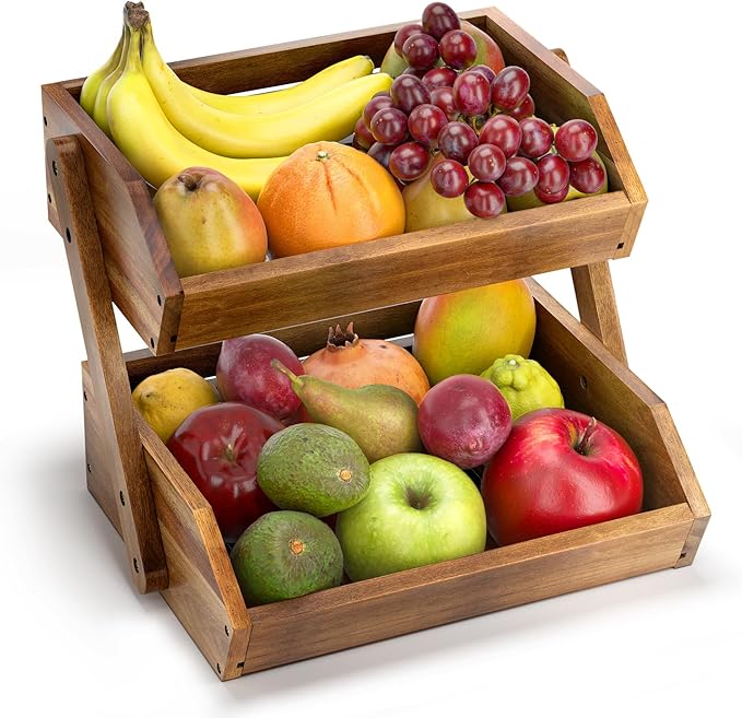 G.a HOMEFAVOR Fruit Basket: 2-Tier Acacia Wood Fruit Bowl for Kitchen, Fruit Stand Storage Holder for Vegetables and Snack Home Kitchen Countertop Organizer (Self-assembly)