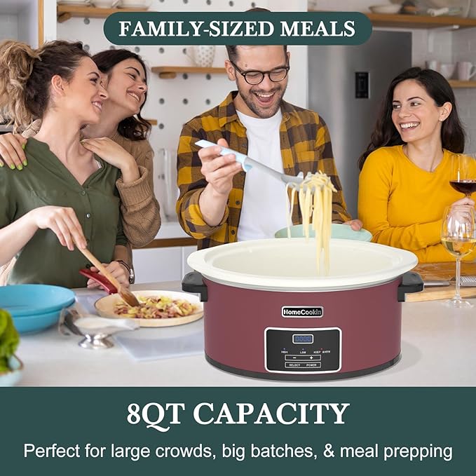 HOMECOOKIN 8-Quart Programmable Slow Cooker with Timer Keep Warm - Small Kitchen Appliance for Family Dinners - Serves 6+ People (Red Shell + White Ceramic Liner)