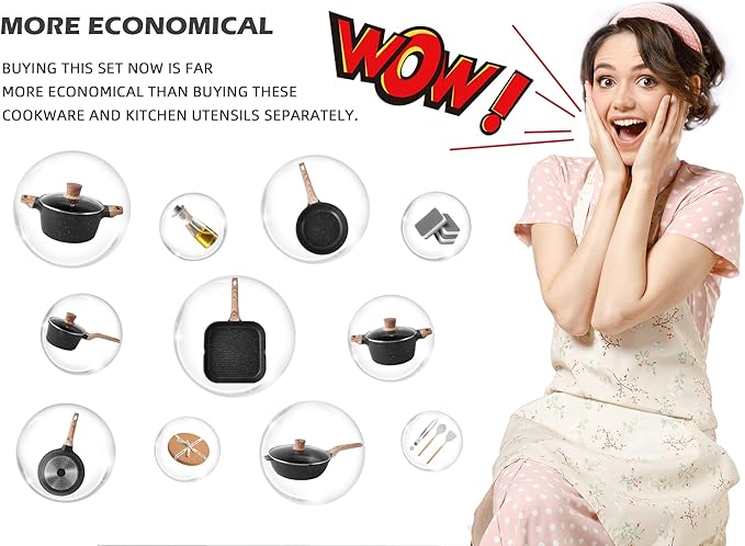 Caannasweis Pots and Pans Set, Nonstick Kitchen Cookware Sets, Granite Pots and Pans, Cooking Pans Pots Set (Classic Black, 20 Piece Grill Pan Set)