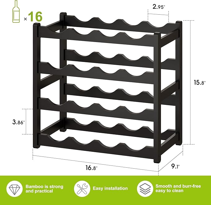 BMOSU Bamboo Wine Rack Wine Storage Cabinet Shelf 16 Bottle Wine Racks Countertop Sturdy for Kitchen Dining Room Pantry - 4 Tiers Wine Rack(Black)