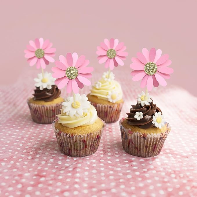 24Pcs Daisy Cupcake Toppers Flower Cake Topper Decorations Daisy Cake Decorations Chrysanthemum Cupcake Toppers Spring Daisy Flower Cake Picks for Birthday Wedding Supplies Light Pink