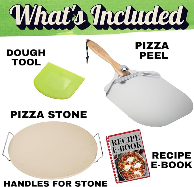 Round Pizza Stone for Oven 16 inch - Large Pizza Stone for Grill with Handles, Metal Pizza Peel & Dough Tool - Baking Stone for Bread - Oven Stones - Pizza Making Set