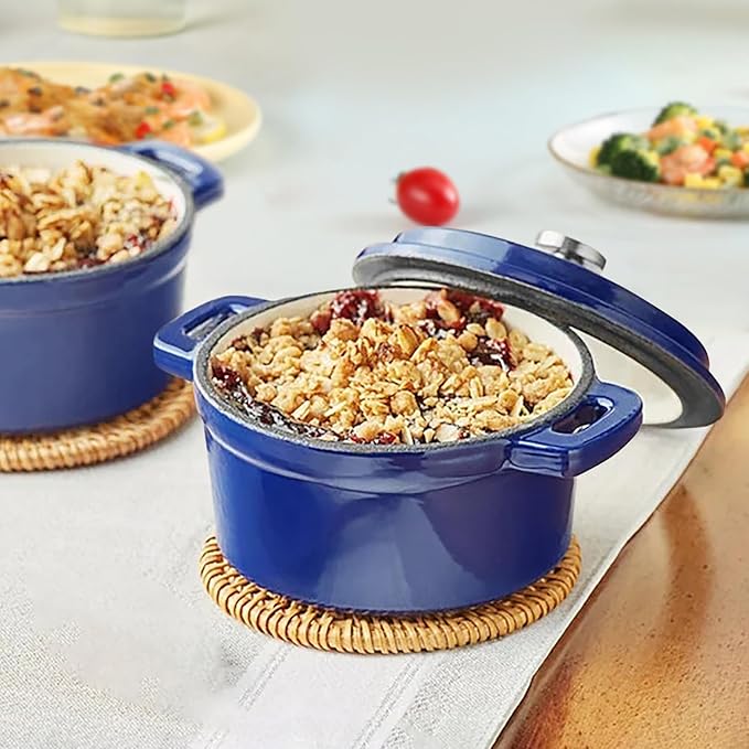 Mini Cocotte 16 oz Mini Dutch Oven 0.5 qt. Cast Iron Garlic Roaster for Oven Garlic Confit Pot Ramekins with Lids Oven Safe Set of 2, Blue