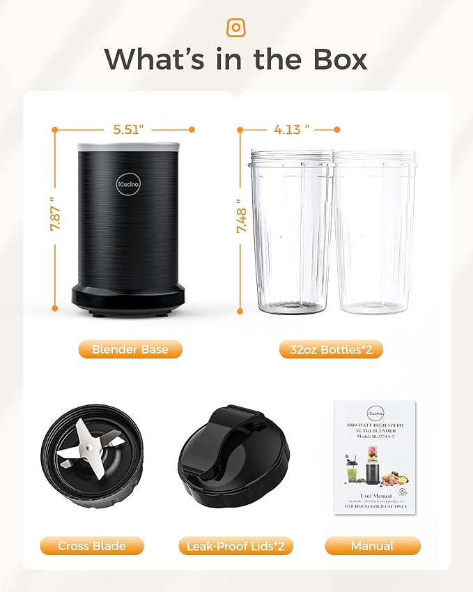 iCucina Smoothie Blender, 1000W Personal Blender for Shakes and Smoothies with 2 x 32oz Protable Cups and Lids, Single Serve Blenders for Ice Crushing, Bean Grinding, Frozen Fruit Drinks, Black