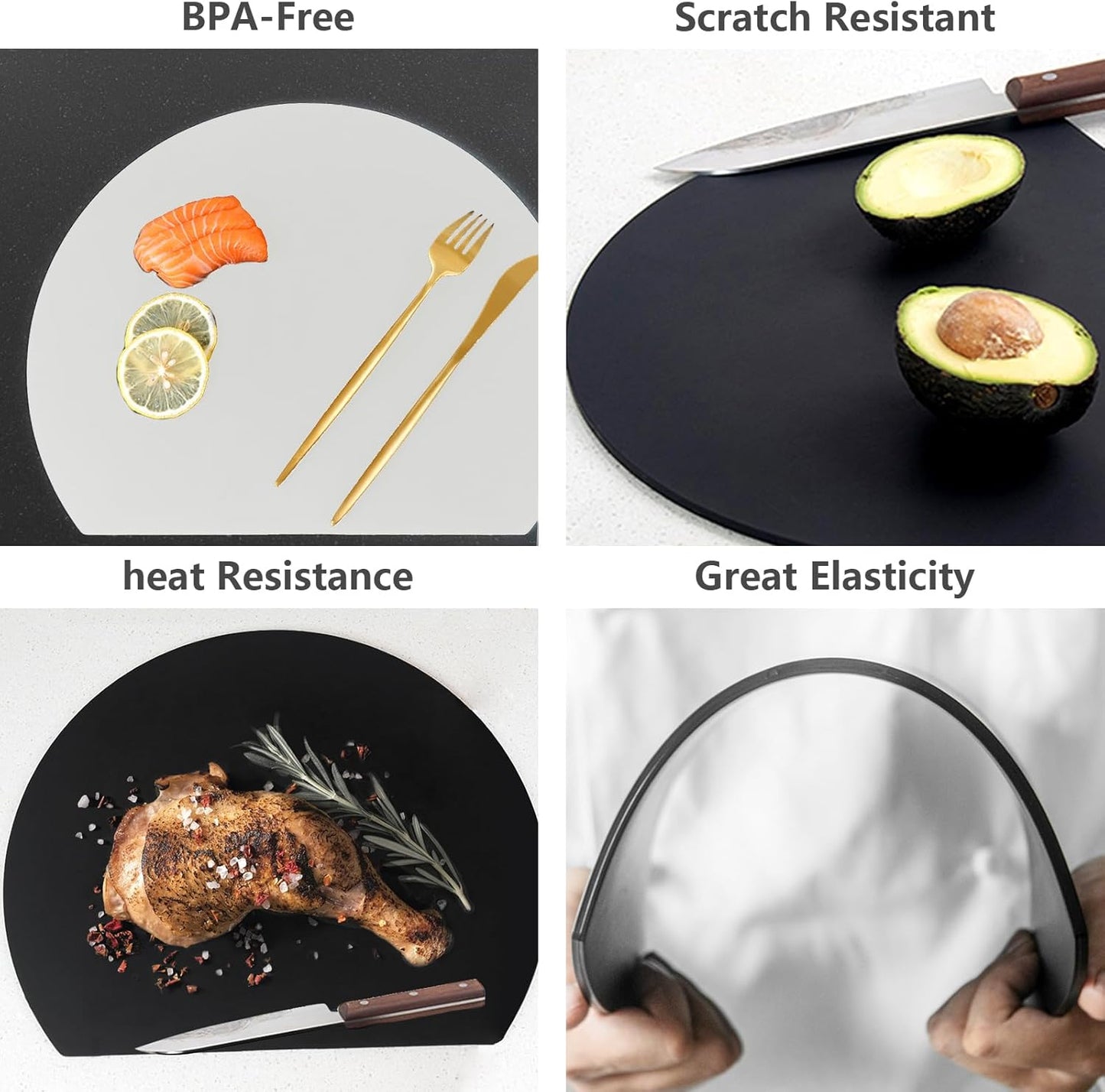 ZVP Thick Silicone TPU Cutting Board Mats for Kitchen, Flexible Rubber Cutting Boards, Anti-Slip Cutting Mats, Semicircle Chopping Board, BPA Free Dishwasher Safe, 2 Pieces