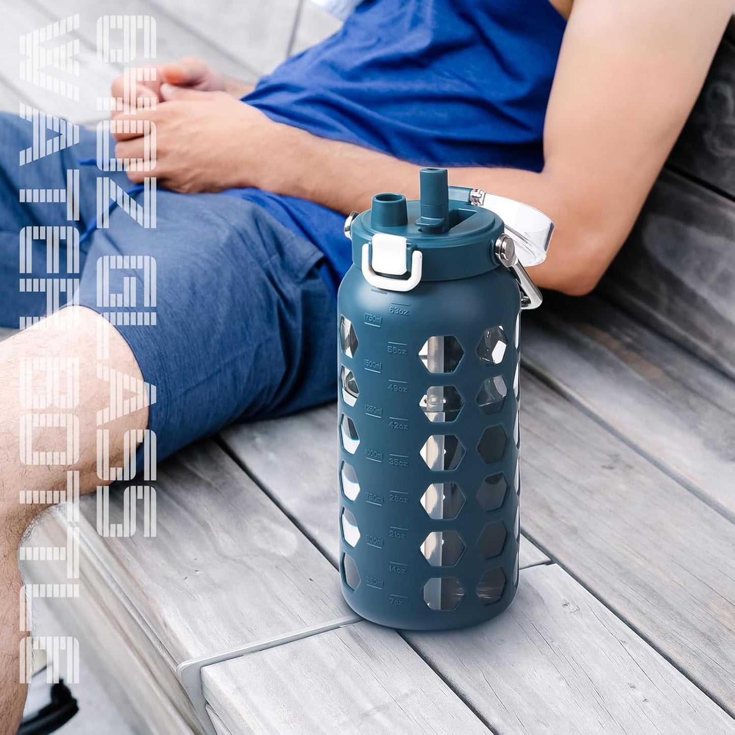 MUKOKO 64oz Glass Water Bottles with Straw and Lid,Half Gallon Water Bottle with Time Marker,Large Glass Water Jug with Silicone Sleeve and Stainless Steel Handle-Blue