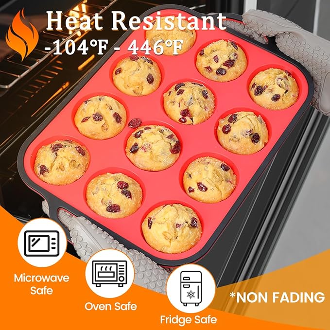CAKETIME Silicone Muffin Pan with Metal Reinforced Frame Regular Size Muffin Pan with Handle Easy to Move 12 Cups for Baking Nonstick Muffin Tin BPA Free 1 Pack