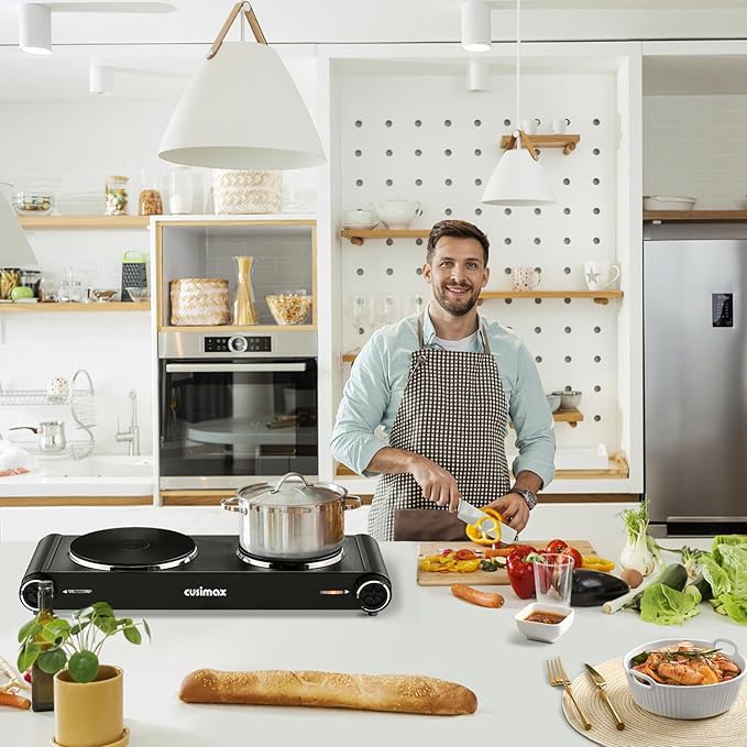 CUSIMAX Electric Hot Plate,Portable Double Hot Plate For Cooking,1800w Electric Stove Temperature Controls,Cast Iron Cooktop,Suitable For All Cookware,Easy To Use Handle,Black Stainless Steel