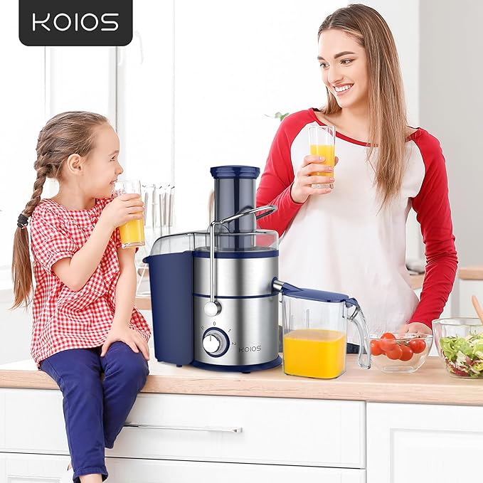 1300W KOIOS Centrifugal Juicer Machines, Juice Extractor with Extra Large 3inch Feed Chute, Full Copper Motor, Titanium-Plated Filter, High Juice Yield, 3 Speeds Mode, Brush included, Non-BPA, Blue