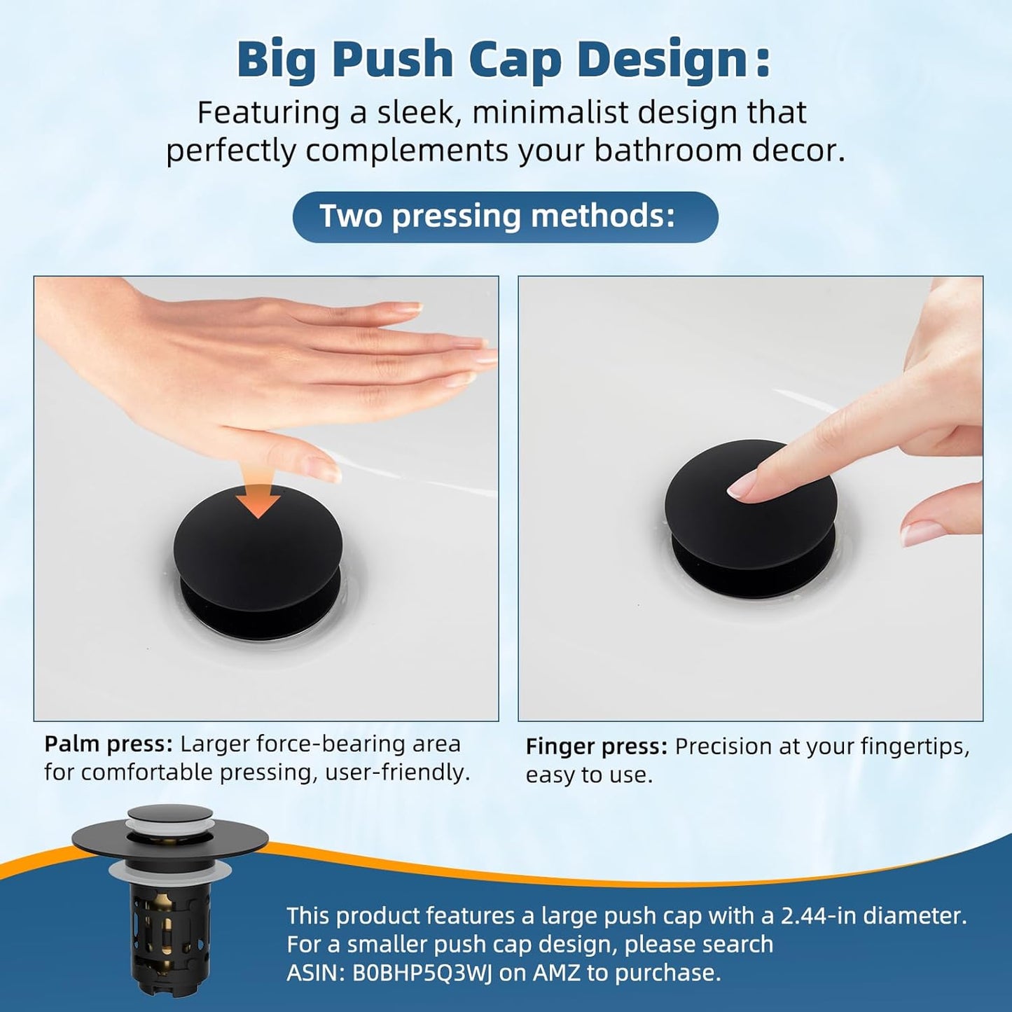 Hibbent 2 Pack Upgraded 3 in 1 Bathroom Sink Drain Strainer, Pop Up Sink Stopper with Big Push Cap, Anti-Clogging Metal Filter Basket,Sink Plug with Hair Catcher for 1.1''~2.36'' Basin, Matte Black