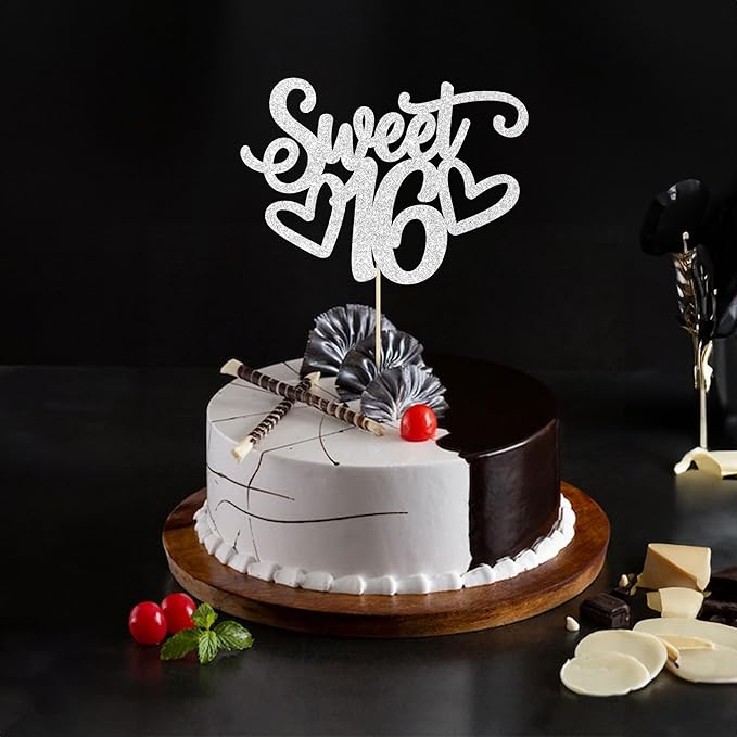 Gyufise 1Pc Sweet Teenager 16 Cake Topper Glitter 16th Birthday Cake Pick for Cheers to 16 Years Old 16th Birthday Party Cake Decorations Supplies Sliver