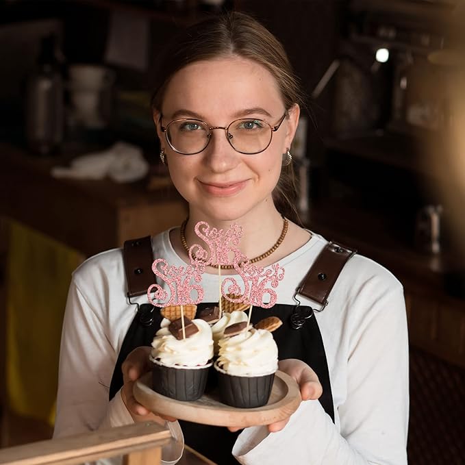 Gyufise 24 Pack 16th Birthday Cupcake Toppers Glitter Sixteen Happy Sweet 16 Cupcake Picks Cheers to 16 Years Old Cupcake Decorations for 16th Birthday Anniversary Party Cake Supplies Rose Gold