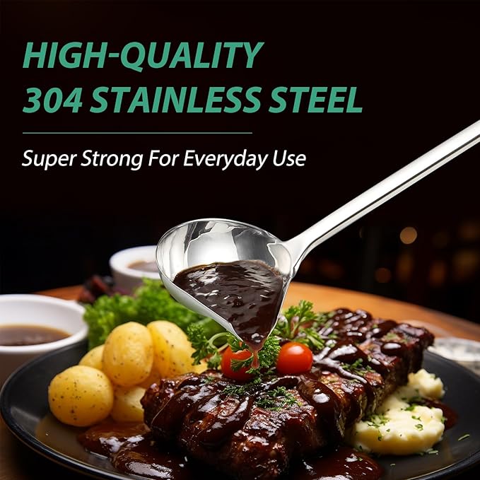 Gravy Ladle with Spout, Stainless Steel Large Ladles for Serving Sauce, Metal Ladle with Long Handle for Kitchen, Comfortable Grip, Durable Construction, Silver (4 oz)