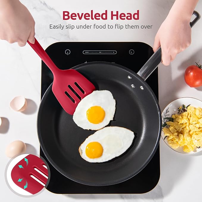 600ºF Heat Resistant Silicone Turner: U-Taste 13.6in Long Solid & Slotted Thick Kitchen Spatula Flipper, Large Flexible Cooking Utensil for Flipping Egg, Pancake in Nonstick Cookware (Rose Red, 2PCS)