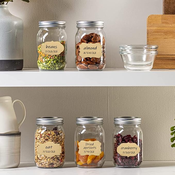 300 Pcs Gift Tag Name Labels Stickers, Kraft Blank Self-Adhesive Jar Labels for Storage Bins Essential Oil Spice Bottle Cosmetic Decoration Food Containers, Mason Labels Craft Presents Stickers