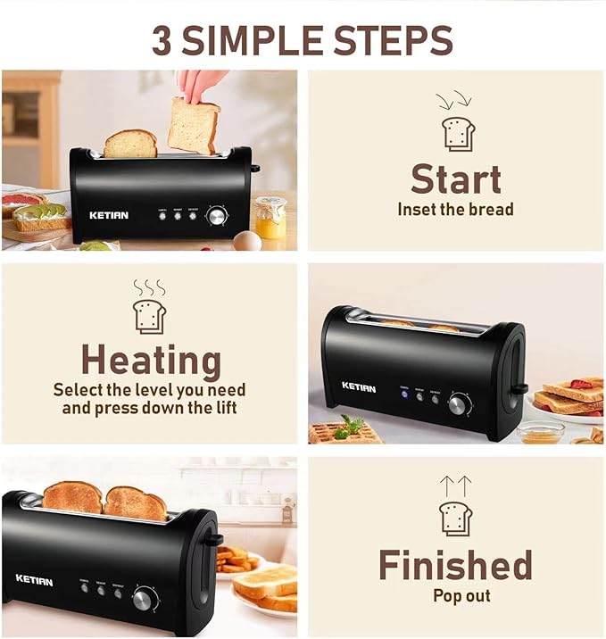 Long Slot Toaster 2 Slice,Cancel Reheat Defrost Functions,Removable Crumb Tray,6 Browning Settings,Extra Wide Long Slots,Stainless Steel,Black
