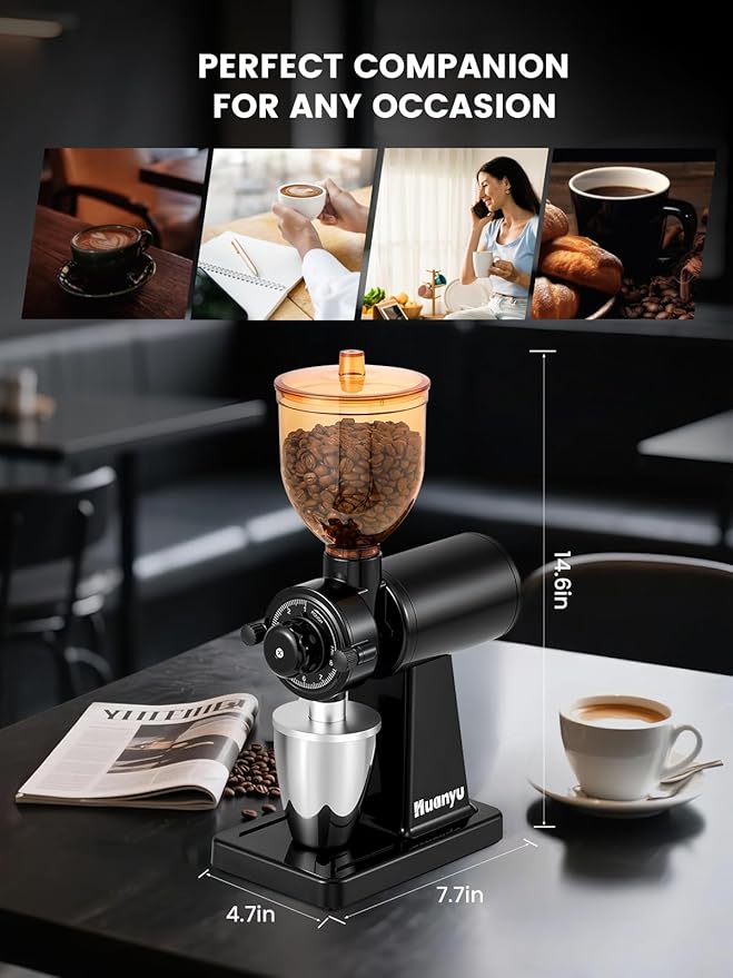 Huanyu Electric Coffee Bean Grinder with Closed Grinding System - 8 Adjustable Settings, Flat Burr Coffee Grinders Anti-Static Design for Dust-Free Home Use