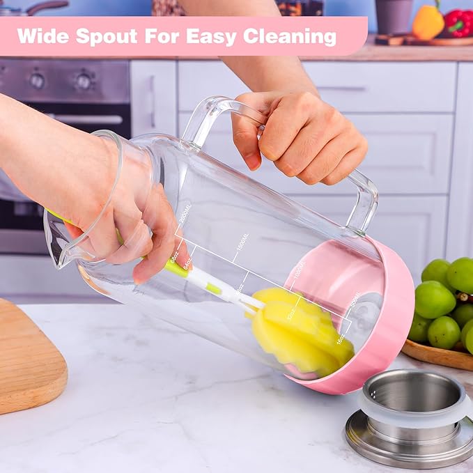 Aofmee 68oz Glass Pitcher with Lid, 2 Liter Water Carafe with Silicone Base and Precise Scale Line, Ice Tea Pitcher for Fridge, Anti-Slip Glass Jug for Sun Tea Juice Coffee Milk Beverage (Pink)