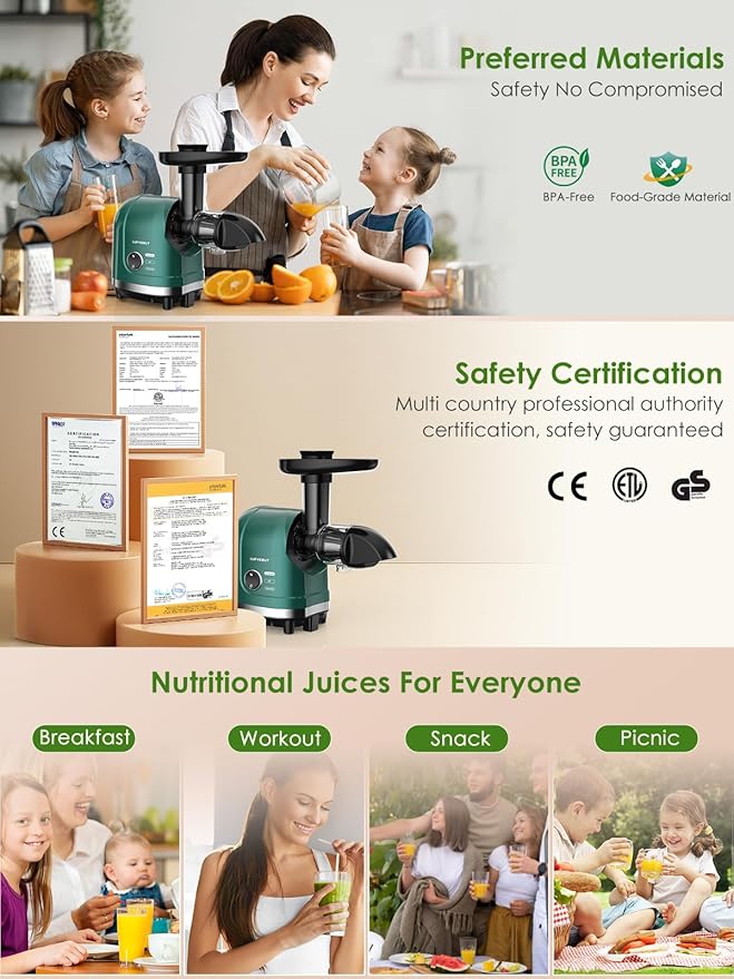 Vegetable Juicer for Celery Wheatgrass Spinach Ginger, Fruit Juicer Machines Slow Masticating Cold Press Juice Extractor Pulp Separated, Quiet Motor, Dishwasher Safe, Easy To Clean, BPA Free