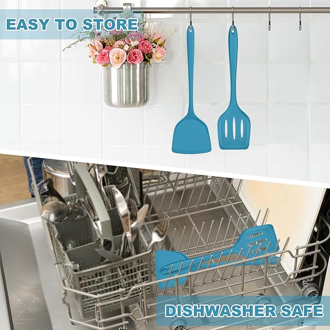 TeamFar Silicone Spatulas Set of 2, Solid & Slotted Cooking Turner for Non-stick Cookware, for Flipping/Turning/Frying, Healthy & Seamless, Heat-Resistant & Non-Scratch, Dishwasher Safe, Dark Blue