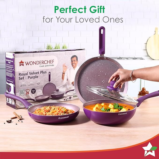 Wonderchef Royal Velvet Plus Induction Base Aluminium Nonstick Cookware 4-Piece Set Frying Pan, Wok, Dosa, Tawa StandardPurple