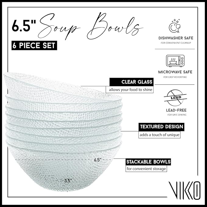 Vikko Elegant Textured Glass Salad Bowls - Set of 6, 6.5 Inch, Stackable, Dishwasher Safe