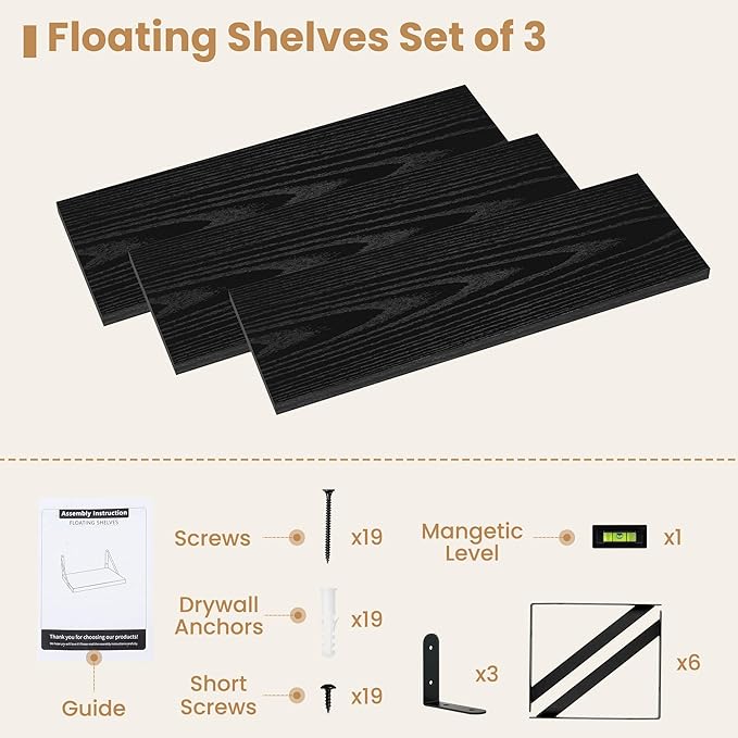 Heimlove 24 Inches Black Floating Shelves,8 Inches Deep Wall Bookshelf Mounted Display&Storage Wood Wall Shelves for Kitchen Bathroom Laundry Living Room,Set of 3