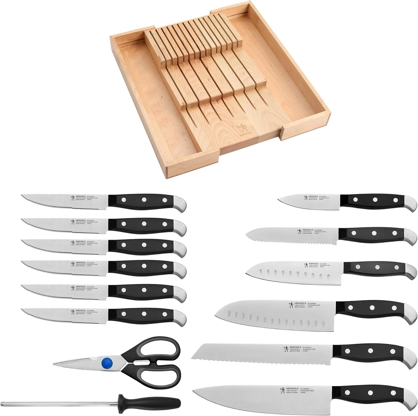Henckels Statement 15-pc Knife Set with In-Drawer Knife Tray, Razor-Sharp, German Engineered Informed by over 100 Years of Experience, Lightweight and Strong, Dishwasher Safe