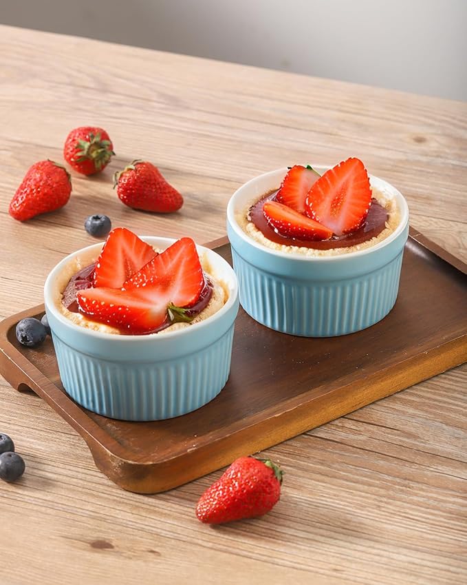 Hasense Ramekins Oven Safe, 8 oz Creme Brulee Ramekins Set of 2, Microwave & Dishwasher Safe Souffle Baking Cups for Pudding, Ice Cream, Custard, Dessert Bowls Porcelain, Sky Blue