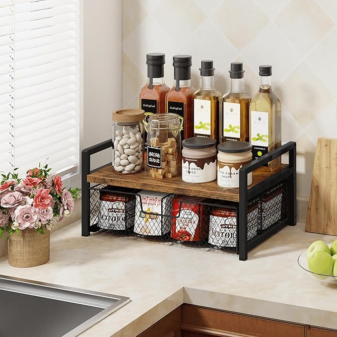 Homode Tea Bag Organizer, Wood Tea Organizers and Storage Chest, Teabag Holder with Storage Drawer,Tea Station Chest Display Container Box for Countertop Kitchen, Rustic Brown