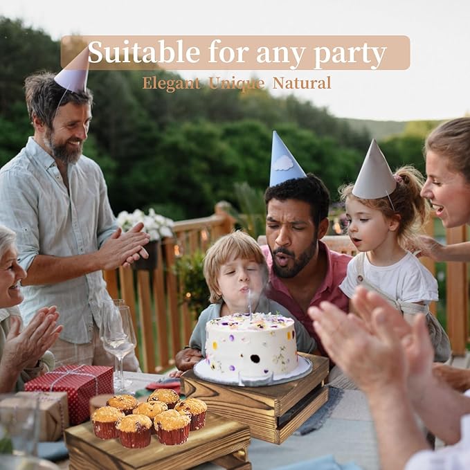 8 Pcs Buffet Risers with Mini Signs, Rustic Wood Cake Stands, Food Risers for Buffet Table, Dessert Display Stand, Wood Crates, Rustic Cake Stand for Party, Wedding, Birthday, Baby Shower, 4 Sizes