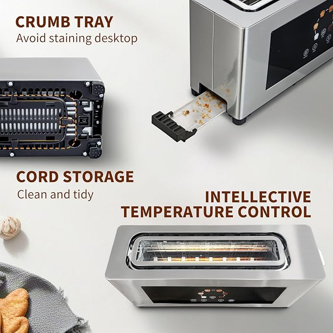 2 Slice Toaster with Touch Screen, Slim Toaster For Long Slice, 1.6" Wide Slot, 6 Browning Levels, 1000W Fast Heating, Slim Stainless Steel Design for Bagels, Baguettes, Compact Kitchen & RV Use