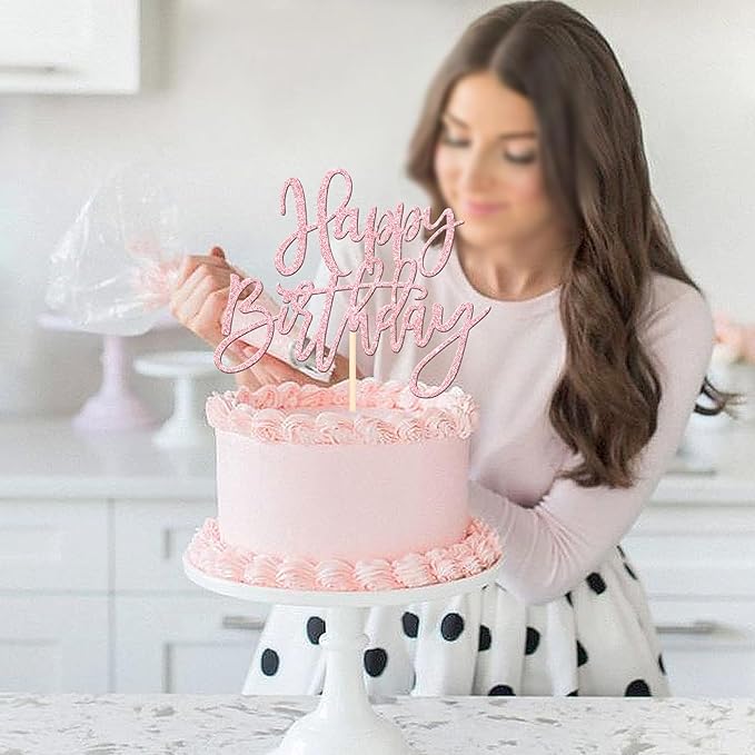 1 PCS Happy Birthday Cake Topper Glitter Cake Pick for Celebrating Anniversary Theme Party Cake Decorations Supplies Light Pink