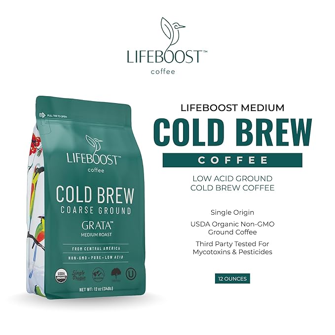 Lifeboost Low Acid Cold Brew Coffee – Organic Coarse Ground Medium Roast for Cold Brew – Single Origin, Non-GMO, 3rd Party Tested for Mycotoxins & Pesticides, USDA Organic – Smooth & Bold Flavor – 12 oz Bag