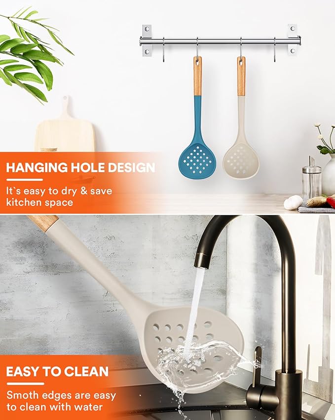 Kitchen Ladle Strainer, Large Slotted Spoon with High Heat Resistant BPA Free, Non Stick Cooking Skimmers For Draining & Frying, 13.2inch (Khaki & Blue)